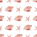 Tropical seashell and starfish seamless watercolor raster pattern