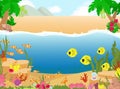 Tropical seashore with mountains, palm trees, shells, sand and underwater world of corals and marine fish and seaweed.
