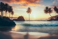 Tropical seashore with palm trees at sunset