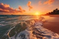 Tropical serenity Sunset view of calm sea, orange sunlight waves
