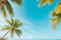 Tropical Serenity: Vintage Palm Trees and Blue Sky View from Below.