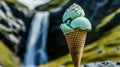 In a tropical setting, a cone of mint ice cream is topped off with whipped cream Royalty Free Stock Photo