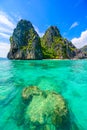 Tropical Shimizu Island and paradise beach, El Nido, Palawan, Philippines. Tour A Route. Coral reef and sharp limestone cliffs Royalty Free Stock Photo