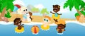 On the tropical shore, a multicultural group of children have fun and play and swim in swimming circles.