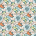 Tropical six petal flower vector seamless pattern. Blue, orange background with hand drawn flowers and leaves Royalty Free Stock Photo