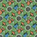 Tropical six petal flower vector seamless pattern. Bright green orange, blue background with hand drawn flowers and Royalty Free Stock Photo