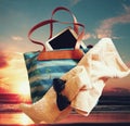 Tropical Sky ,Bright sun ,Beach Accessories illustration Tablet, handbag ,Smartphone, Sunglass Royalty Free Stock Photo