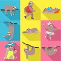 Tropical sloth icon set, flat style