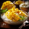 tropical special angle commercial shot of a bowl of Mango Sticky Rice, showcasing the vibrant yellow mango slices by AI generated