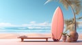 Tropical still life. Dawn on the sandy coast with palm trees. A chaise longue and a surfboard on the beach Royalty Free Stock Photo
