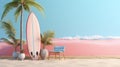 Tropical still life. Dawn on the sandy coast with palm trees. A chaise longue and a surfboard on the beach Royalty Free Stock Photo