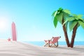 Tropical still life. Dawn on the sandy coast with palm trees. A chaise longue and a surfboard on the beach Royalty Free Stock Photo