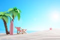 Tropical still life. Dawn on the sandy coast with palm trees. A chaise longue and a surfboard on the beach Royalty Free Stock Photo