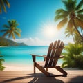 Tropical still life. Dawn on the sandy coast with palm trees. Sun loungers and ball on the beach Royalty Free Stock Photo