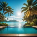 Tropical still life. Dawn on the sandy coast with palm trees. Sun loungers and ball on the beach Royalty Free Stock Photo