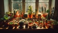 A tropical still life: Potted plants, pottery, and ornate decoration generated by AI