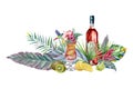 tropical still life of wine, cocktail, fruits, tropical plants, flowers and leaves, watercolor illustration