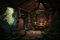 tropical stone tiki interior of hut in rainforest jungle interior design Royalty Free Stock Photo