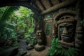 tropical stone tiki interior of hut in rainforest jungle interior design Royalty Free Stock Photo