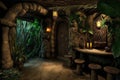 tropical stone tiki interior of hut in rainforest jungle interior design Royalty Free Stock Photo