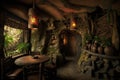 tropical stone tiki interior of hut in rainforest jungle interior design Royalty Free Stock Photo