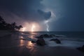 tropical storm, with lightning flashes in the sky and waves on the horizon