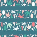 Tropical stripes Seamless vector pattern. Abstract paper cut collage shape background. Repeating green teal pink coral