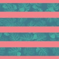 Tropical stripes seamless vector pattern. Teal blue and coral red horizontal striped texture with monstera palm leaf Royalty Free Stock Photo