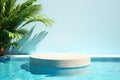 Tropical summer background with concrete podium in pool water and palm leaf shadow. Royalty Free Stock Photo