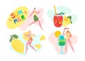 Tropical summer banner, vector illustration. Flat woman at beach cocktail party, people drink fruit water at holiday Royalty Free Stock Photo