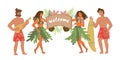 Tropical summer beach banner or poster with Hawaiian dancers flat vector isolated.