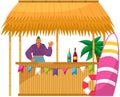 Tropical summer beach bar with young female bartender, cocktail bar, surf boards and palm trees