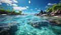 Tropical summer, blue water, rock, sand, wave generated by AI