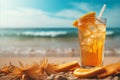 Tropical summer cocktail on beach with palm trees, shells, starfish, blue sea, and clear sand Royalty Free Stock Photo