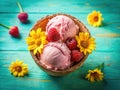 Tropical Summer Delight Double Exposure of Raspberry Ice Cream in a Coconut Shell with a Touch of Sunshine Royalty Free Stock Photo