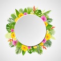 Tropical summer design with palm leaves, tropical plants, flowers and pineapple. Vector illustration.