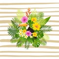 Tropical summer design. Postcard or poster with toucan, palm leaves, tropical plants, flowers.