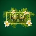 Tropical summer design poster template. Summer vacation with leafs and flowers. Jungle paradise