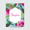 Tropical Summer Floral Poster with Hummingbird. Summertime Card with Hibiscus Flowers and Birds. Sale Banner