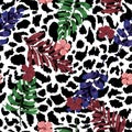 Tropical summer floral safari leaves on exotic animal skin leopard prints ,hand drawn style background. Seamless vector pattern Royalty Free Stock Photo