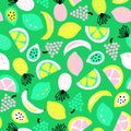 Tropical summer fruit seamless vector pattern green yellow pink. Repeating cute exotic bright colorful background Scandinavian