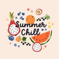 Tropical summer fruits, card background design. Exotic vitamin fruity backdrop, square postcard with different healthy