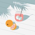 Tropical summer greeting card, invitation. Cocktail drink with ice, grapefruit, orange fruit. White table backgound in
