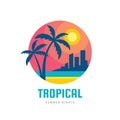 Tropical summer holiday - concept business design logo vector illustration in flat style. Paradise creative graphic badge. Palms, Royalty Free Stock Photo