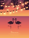 Tropical summer by the sea with flamingos fairy light and palm leaves Royalty Free Stock Photo