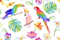 Tropical summer. Seamless vector pattern with parrots, toucan, flowers and palm leaves on white background.