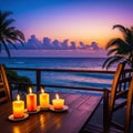 Tropical summer sunset beach bar Outdoor Led light candles and wooden chairs under beautiful sunset sea