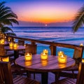 Tropical summer sunset beach bar Outdoor Led light candles and wooden chairs under beautiful sunset sea