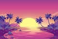 Tropical summer sunset. Vector cartoon island landscape illustration. Palm trees on the ocean beach. Royalty Free Stock Photo