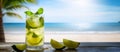 tropical summer vacation at the beach bar longdrink majito cocktail on blurred tropical beach background. generative AI Royalty Free Stock Photo